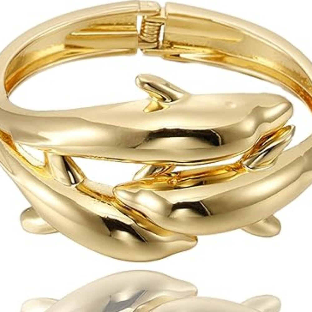 14K Gold Plated Bracelets Wide Cuff Chunky Open Cuff‎ Dolphins Ocean Beach Cuban